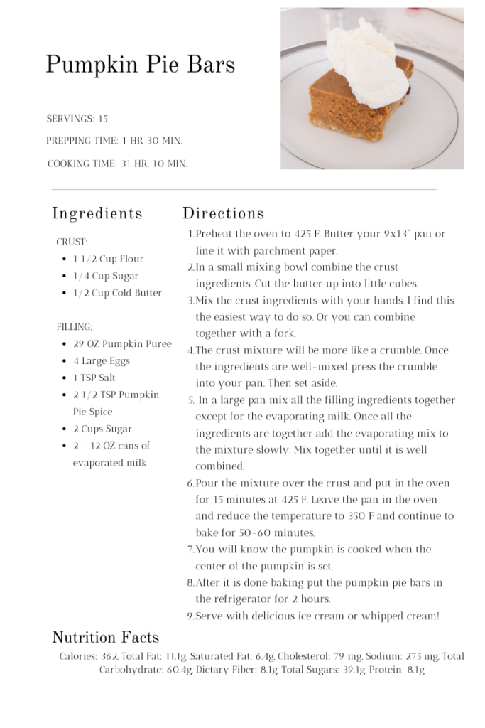 pumpkin pie bar ingredients, directions, and nutrition facts. 